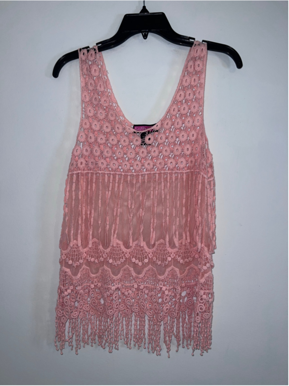 Say What? Crochet Fringe Tank Top Pink Size M